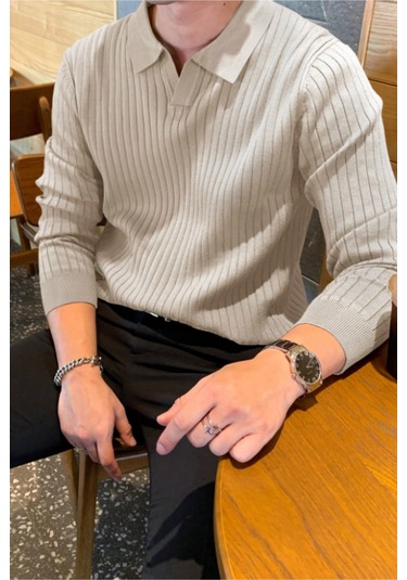 Cool Tarz Erkek Polo Yaka Triko Kazak Slim Fit Fitilli Bej