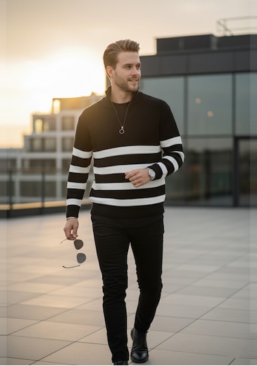 Deepsea Erkek Siyah Yarım Fermuarlı Oversize Kesim Triko Kazak Pamuklu Yumuşak Örgü Çizgili Kazak 2608513 Siyah