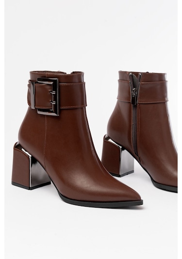 Dnz-400 Kahverengi Toka Aksesuarlı Topuklu Fermuarlı Günlük Kadın Bot Beyaz