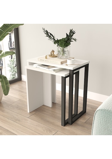 Robin Home Lidya 2'li Zigon Sehpa Yan Sehpa Metal Ayaklı Beyaz
