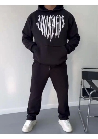 Uzun Kol Kapşonlu Baskılı Sweatshirt - Siyah Siyah