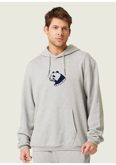Unisex Oversize Minimal Bear Baskılı Kapüşonlu Sweatshirt Gri