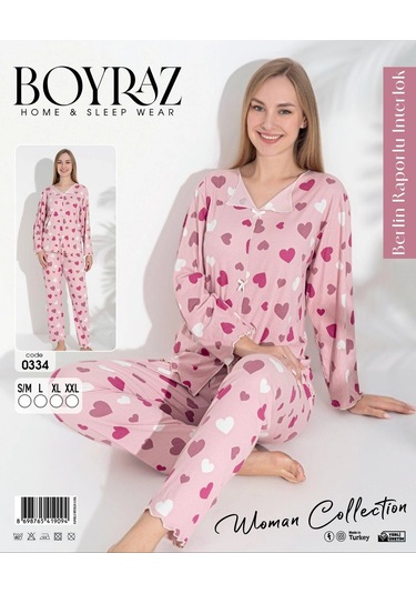 Kadın Raporlu Uzun Kol Pijama Takımı Pembe