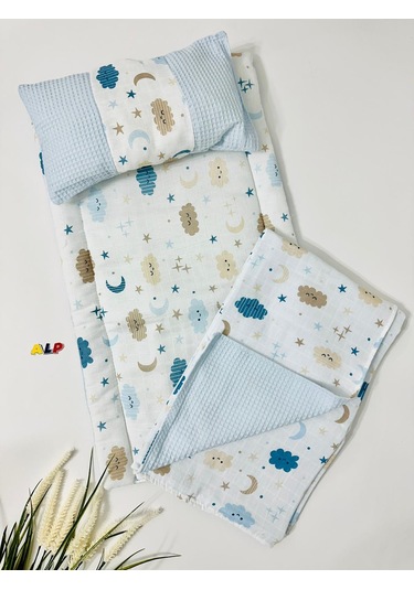 Safari 90x100 Çift Katlı Pikeli Müslin Battaniye Ve Alt Açma 3 Lü Set-mavi Mavi