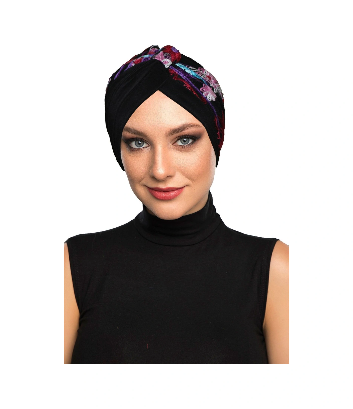 Otantik Nakış Motifli Astarlı Hazır Türban Tesettür Bone Siyah Motif 4