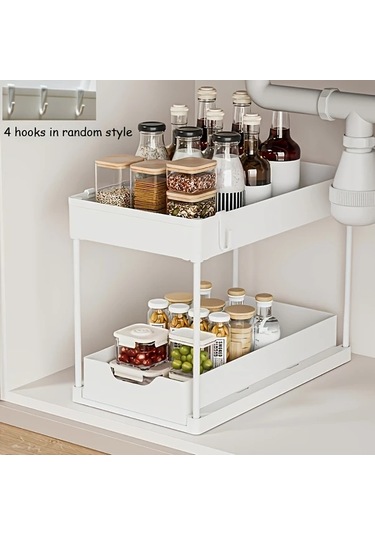 Honeybeeshop Beyaz 2 Katlı Kayar Lavabo Altı Organizatörü Dayanıklı Plastik Mutfak Dolabı Sepeti Temizlik Malzemeleri Ve Bulaşık Yıkama Araçları İçin Beyaz