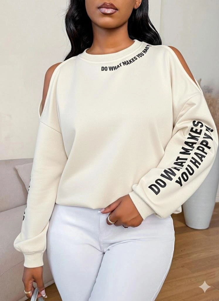 Premium 3 İplik Kumaş Ekru Sweatshirt Oversize Rahat Kalıp Siyah Minimal Baskılı Ekru