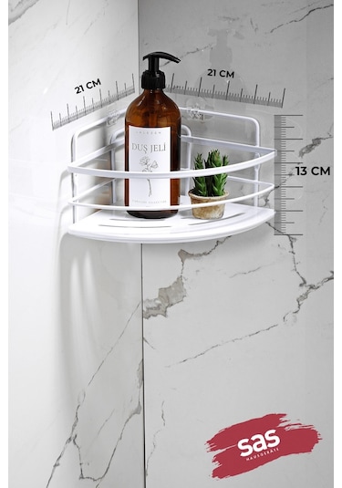 2’li Kancalı Yapışkanlı Banyo Duş Köşe Rafı – Ayarlanabilir Kristal Raf (Yapıştır/Vidala) Beyaz-Beyaz - LK-01 - BB