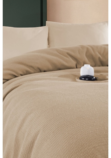 Renkli Gofret Desen Tek Kişilik Yatak Örtüsü Otel Pike 160x230 Cm Bej