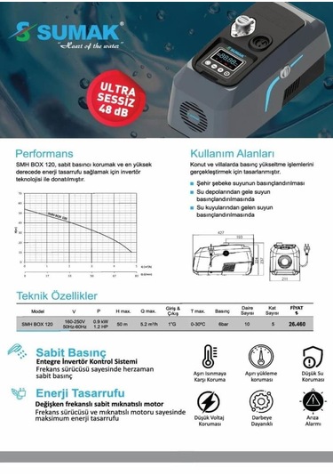 Sumak Smh 120 Box Ultra Sessiz Frekanslı Hidrofor 1.2 Hp