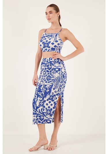 Lela Slim Fit Ip Askılı Yırtmaçlı Midi Alt-Üst Bayan Takım 5865726 Saks