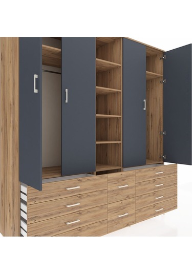 Kronos Dolap 9 Raflı 10 Çekmeceli 2 Askılı 220x59x243 Çam-antrasit/çam Antrasıt/atlas Çam