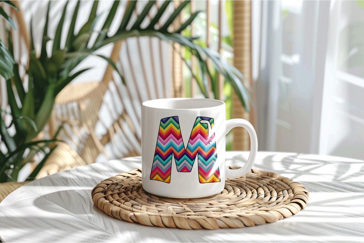 M Harfi Renkli Zigzag Desenli Kupa Bardak - Afrika Tarz Etnik Tasarım Kupa - Kişiye Özel Beyaz