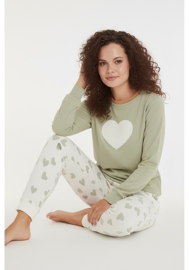 Luxury Thermal Büyük Kalp Desenli Kadın Polar Kışlık Pijama Takımı 42047 Haki