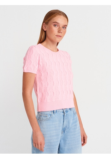 Dilvin 10788 Bisiklet Yaka Dokulu Triko Bluz-pembe Pembe