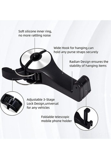 Moly Çift Amaçlı Araç Koltuk Başlığı Gizli Kancalı Telefon Tutucu, Otomatik Sıkıştırmalı, 360 Dönebilir, 4 Renk