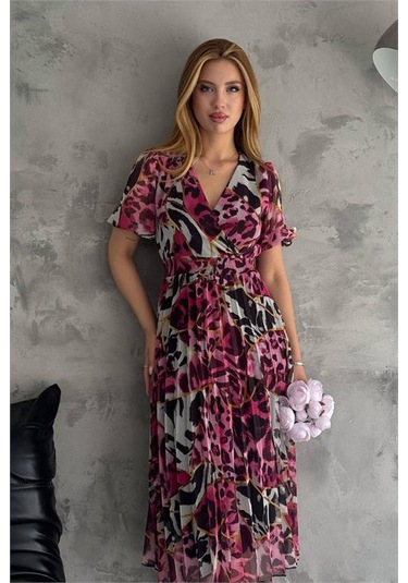 Neşeli Butik Kadın Fuşya Kruvaze Yaka Desenli Şifon Elbise Nbq001 Fuşya