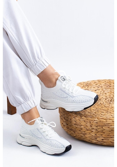 Guja İthal Özel Seri Taşlı Triko Kadın Spor Ayakkabı 24y309-1 Beyaz-beyaz Beyaz