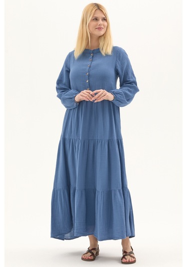 Uzun Kol İndigo Düğmeli Yazlık Uzun Müslin Elbise İndigo