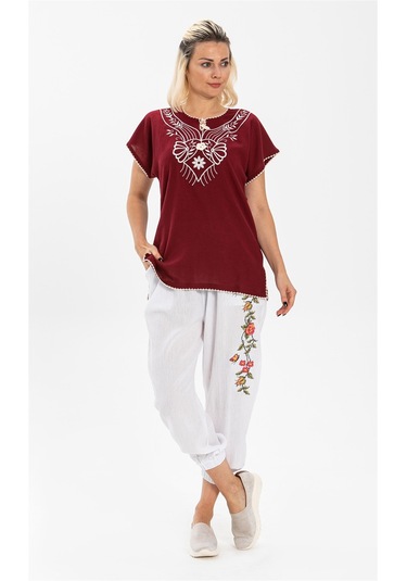 Kısa Kol Şile Bezi Naz Bluz Bordo Brd