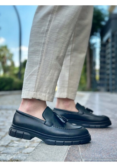 Pabucmarketi Püsküllü Erkek Casual Ayakkabı Siyah Siyah Taban Çok Renkli