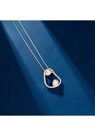 Zirkon Taşlı Damla Detaylı Asimetrik Platin Kaplama Kadın Kolye Silver