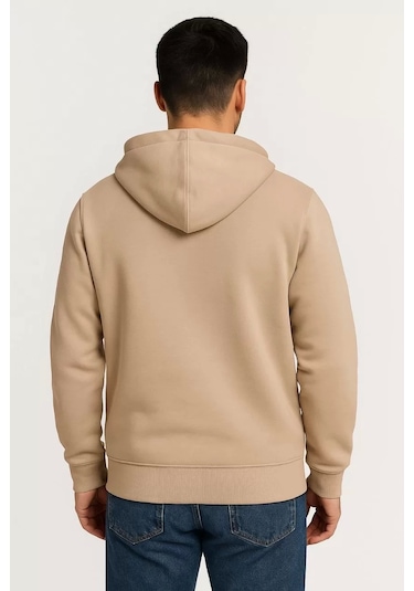 Erkek Üç İplik Kapüşonlu Tam Fermuarlı Kanguru Çepli Sweatshirt Hoodie - Bej Bej
