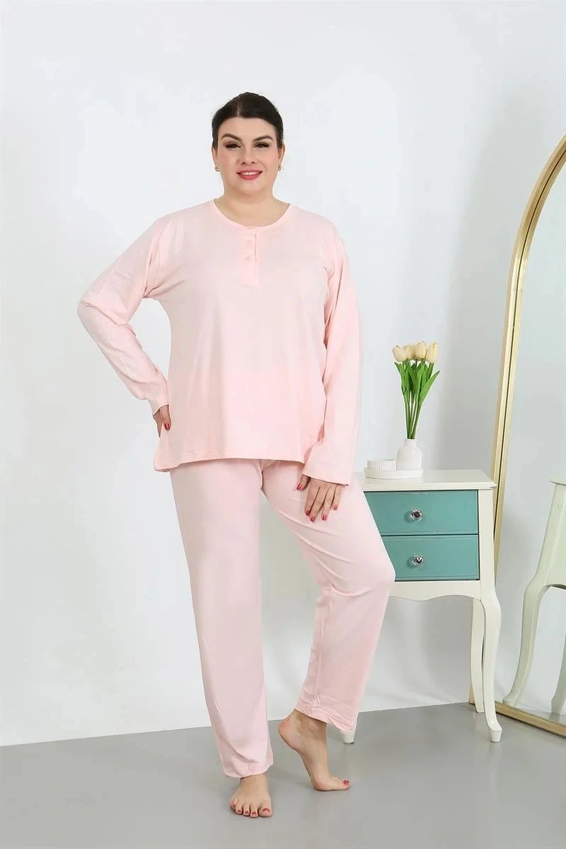 Moda Kadın Büyük Beden Uzun Kol Penye Pijama Takımı Pembe Pembe