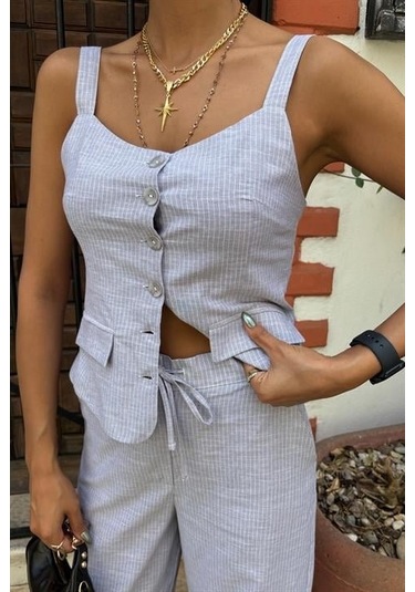 The İstanbul Kalın Askılı Bluz Pantolon Keten Takım 10187 Gri