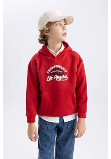 DeFacto Erkek Çocuk Baskılı Kanguru Cepli Kapüşonlu Sweatshirt B7821A8NSBR66 Bordo