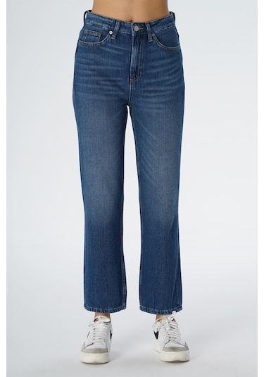 Elıza Cropped Orta Mavi Straight Fit Fermuarlı Jean Pantolon C 4518-078 Mavi