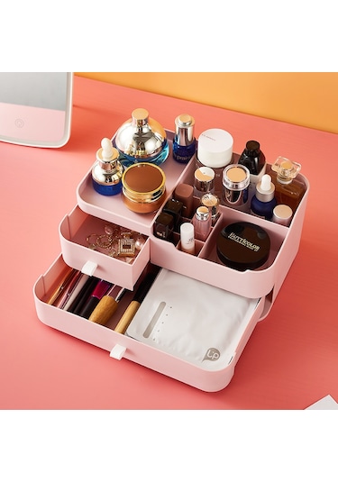 Youtek Masaüstü Makyaj Ve Bakım Ürünleri Depolama Kutusu - Çekmeceli Plastik Organizer - Basit Tasarım - Pembe Pembe