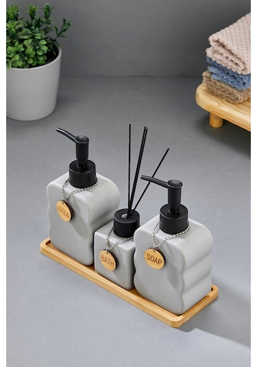Cooker 3'lü 300 Ml Seramik Bambu Standlı Banyo Seti Ckr3883 Gri