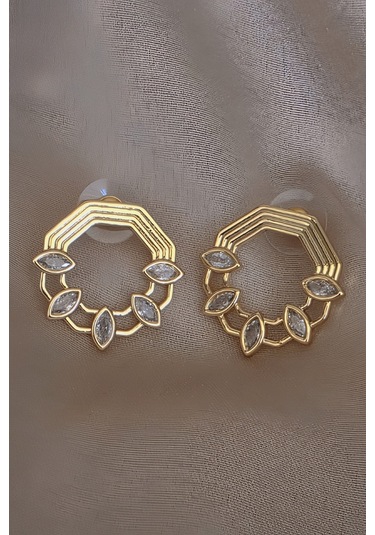 Mirror Damla Çiçek Figür Altıgen Model Çelik Küpe Gold