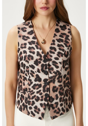 Ritnice Kadın Style Leopar Astarlı Dokuma Yelek Kahverengi - Krem