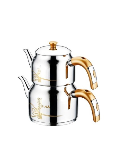 Oms Collection 8043 L 4 Parça Paslanmaz Çelik Osmanlı Tuğralı Çaydanlık Gold