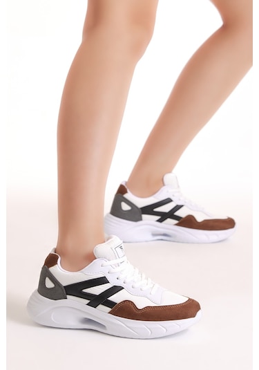 Tonny Black Kadın Beyaz Kahve Faylon Taban Şeritli Bağcıklı Spor Ayakkabı Beyaz - Kahverengi
