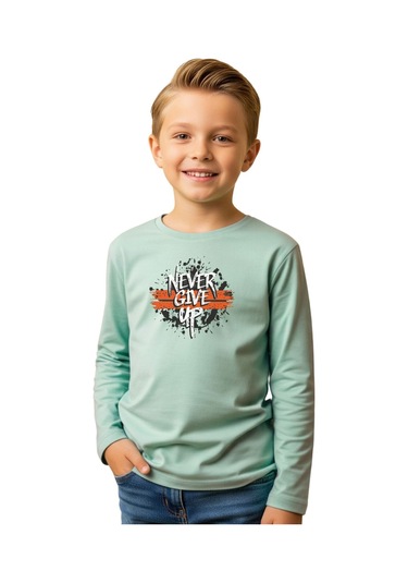Düz Yuvarlak Yaka Nevver Give Baskı Detaylı Erkek Çocuk Sweatshirt Mint Yeşil