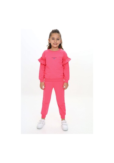 Kız Çocuk 2'li Takım Baskılı Bisiklet Yaka Reglan Kol Fırfırlı Sweatshirt & Beli Paçası Lastikli Cepli Jogger Eşofman Altı - 2 İplik Fuşya