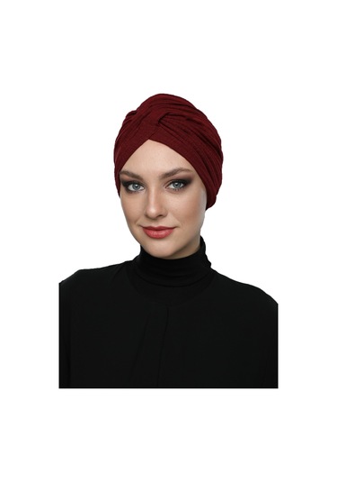 Çapraz Penye Astarlı Bordo Hazır Türban Tesettür Havuz Bonesi Bordo