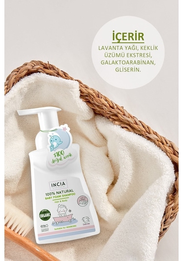 INCIA %100 Doğal Organik Sertifikalı Bebek Köpük Şampuanı Saç Vücut Lavanta Konak Önleyici Yenidoğan 200 ml