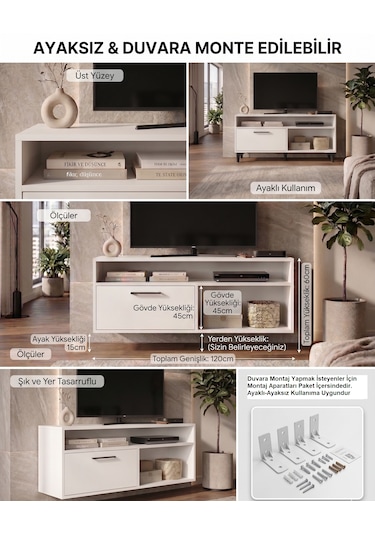 Modern Beyaz Tv Ünitesi 120 Cm - Ayaklı Ve Duvara Monte Edilebilir Çift Yönlü Kullanım