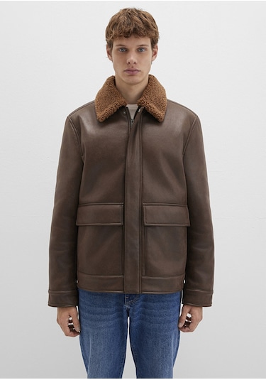 Mavi - Kahverengi Suni Kürk Detaylı Suni Deri Ceket 0110669-70240 Kahverengi