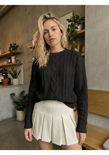 Sayzen Your Shine Saç Örgülü Basic Regular Triko Kazak Sy-2605 Siyah