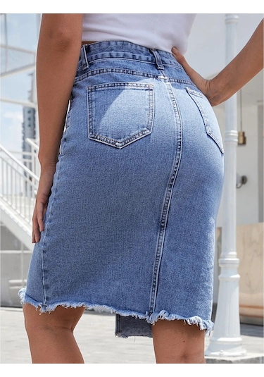Qooth Kadın Casual Denim Kalem Etek Ins Cool Girl Midi Bölünmüş Hip Etek Qt2271 Mavi