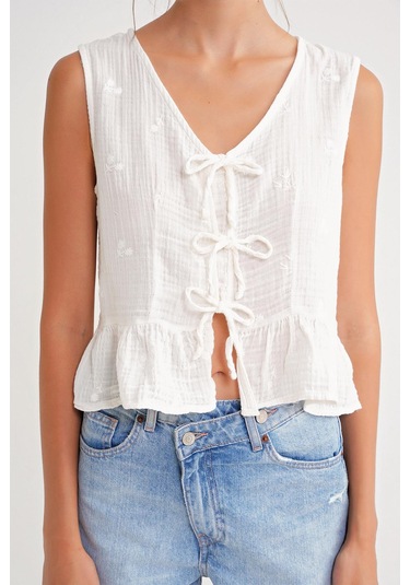 4724 Kadın Çicek Desenli Bağlamalı Müslin Bluz Ekru Ekru