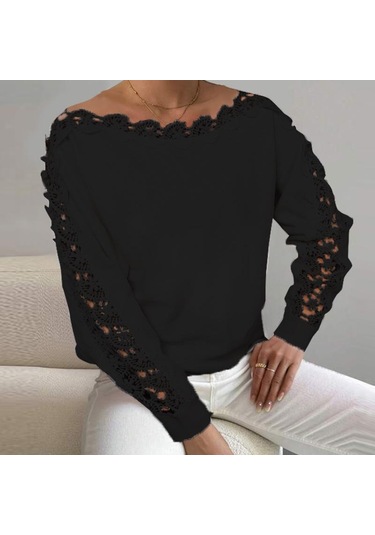 Vonda Kadın Sonbahar Dantel Yuvarlak Yaka Uzun Kollu Kazak Kazaklar Siyah