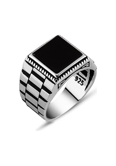 Simetrik Desenli Siyah Oniks Taşlı 925 Ayar Gümüş Erkek Yüzük (429371005)