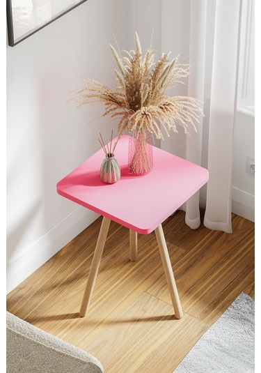 İntergo Kare Tasarımlı Ahşap Ayaklı Tekli Zigon Sehpa Pembe