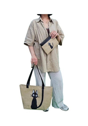 Kedi Baskılı Deri Saplı Hasır Kumaş Baskılı Plaj Çantası Açık Kahverengi